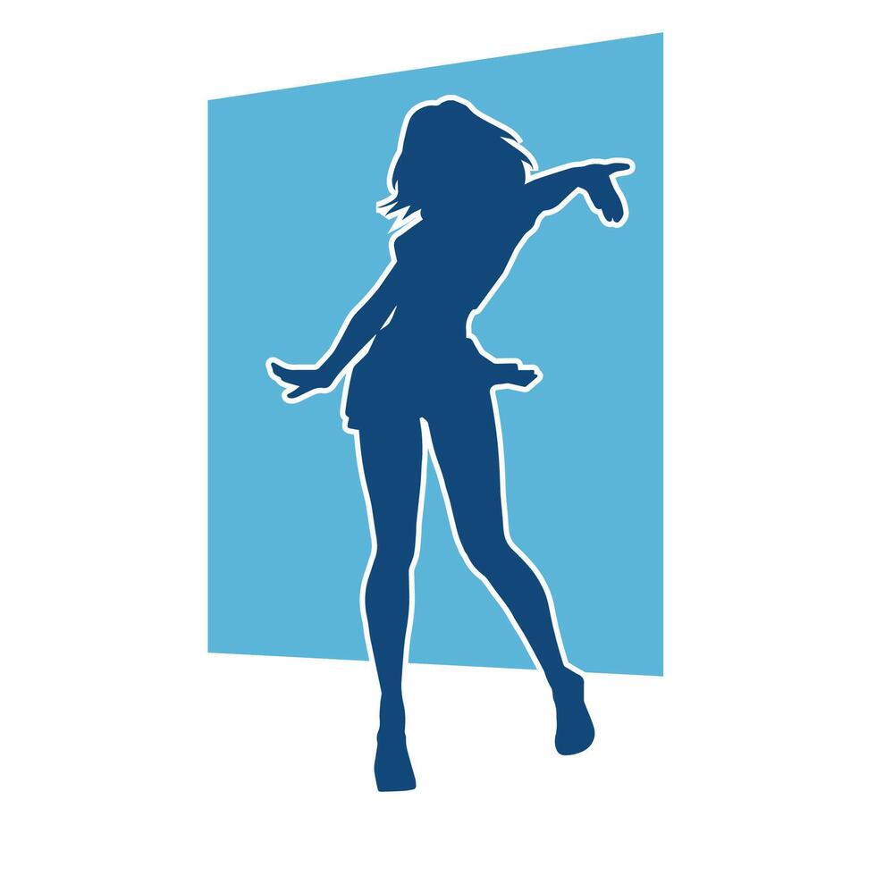 Silhouette of a female dancer wearing mini skirt in action pose. Silhouette of a slim woman dancing happily. vector