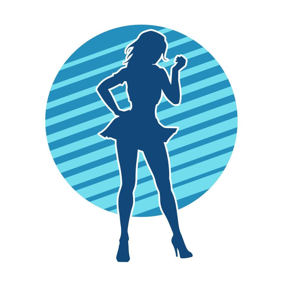 Silhouette of a female dancer wearing mini skirt in action pose. Silhouette of a slim woman dancing happily. vector