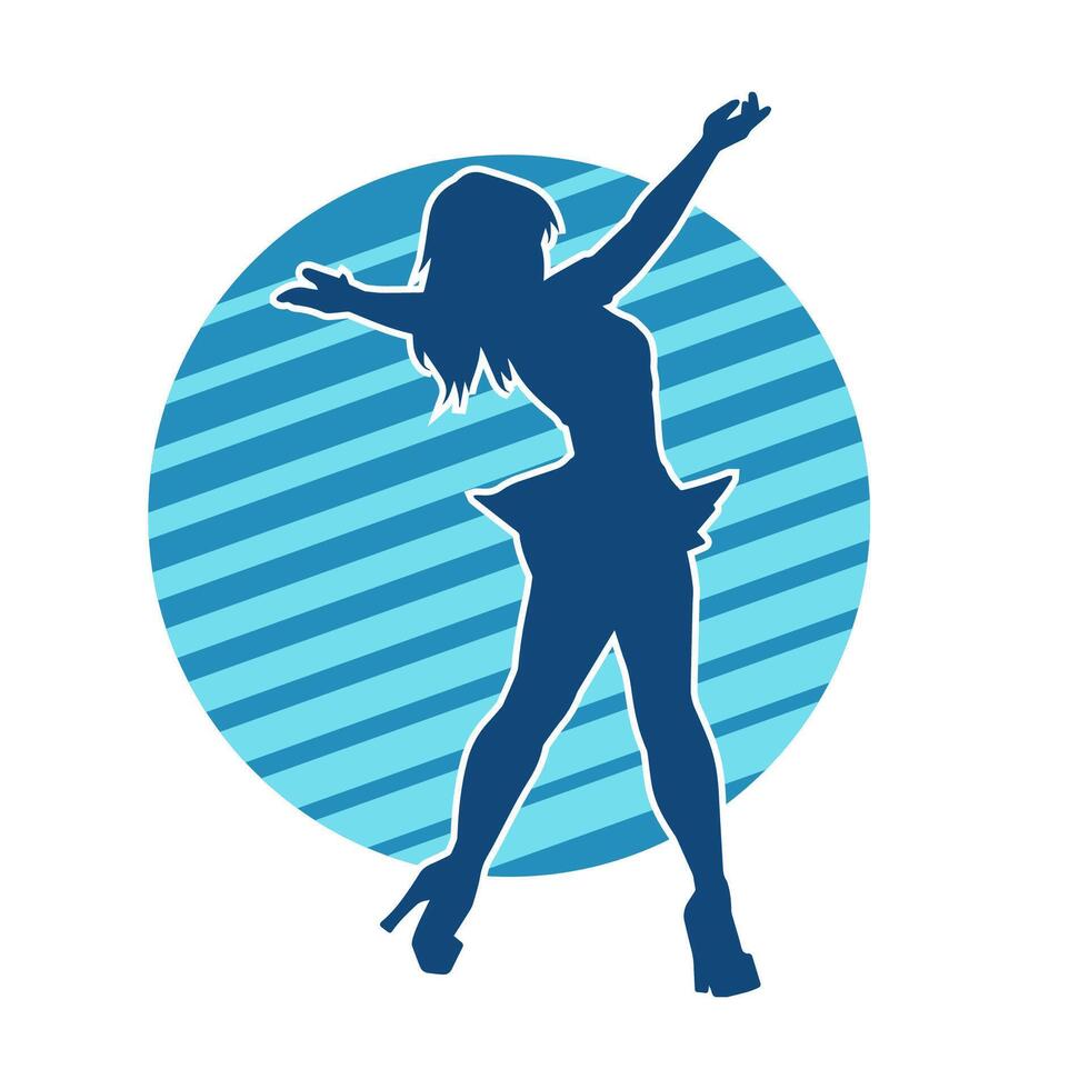 Silhouette of a female dancer wearing mini skirt in action pose. Silhouette of a slim woman dancing happily. vector