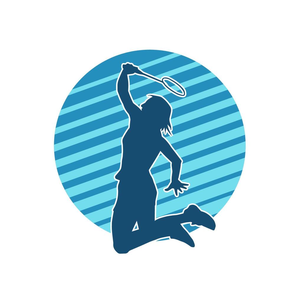 Silhouette of a slim female athlete doing badminton sport. Silhouette of a woman badminton sport player in action pose. vector