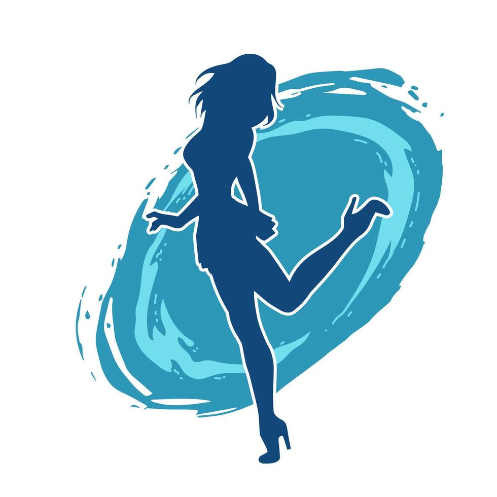 Silhouette of a female dancer wearing mini skirt in action pose. Silhouette of a slim woman dancing happily. vector