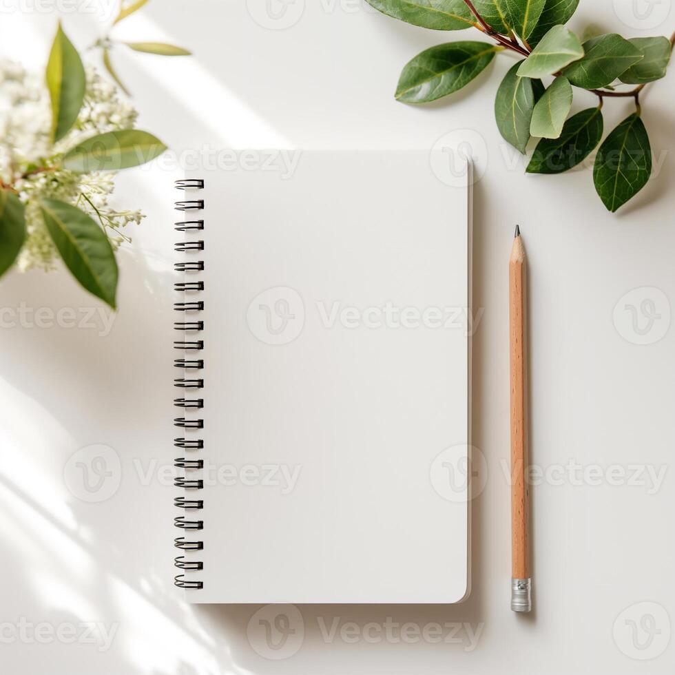 AI generated blank notebook and pencil on white background. Empty Space for your text. ai generated. photo