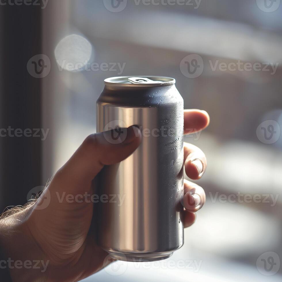 AI generated product mockup hand holding a soda can photography. Ai genarated. template label. photo