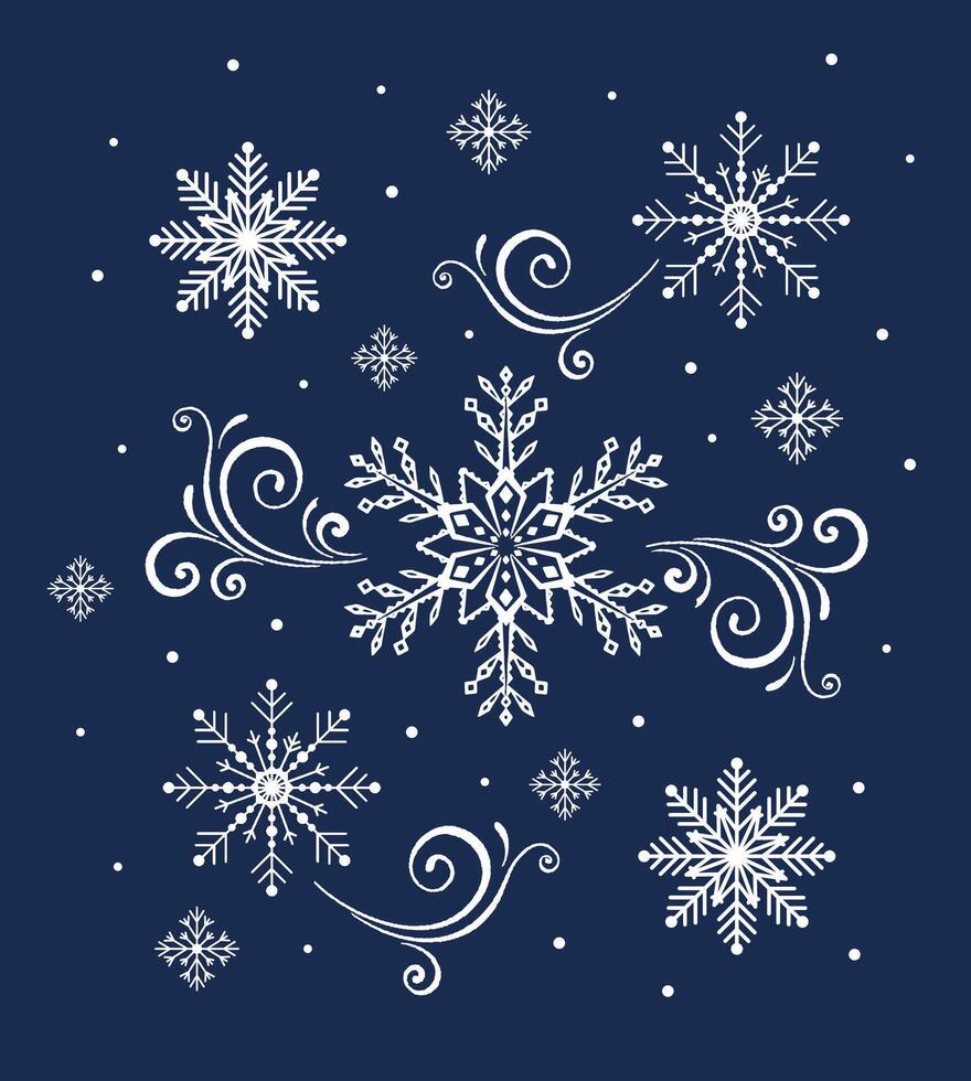 Christmas Snowflakes and Swirls Isolated, Blue Background- Christmas Vector Illustration