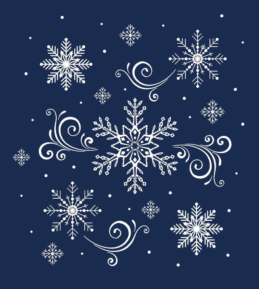 Navidad copos de nieve y remolinos aislado, azul fondo- Navidad vector ilustración