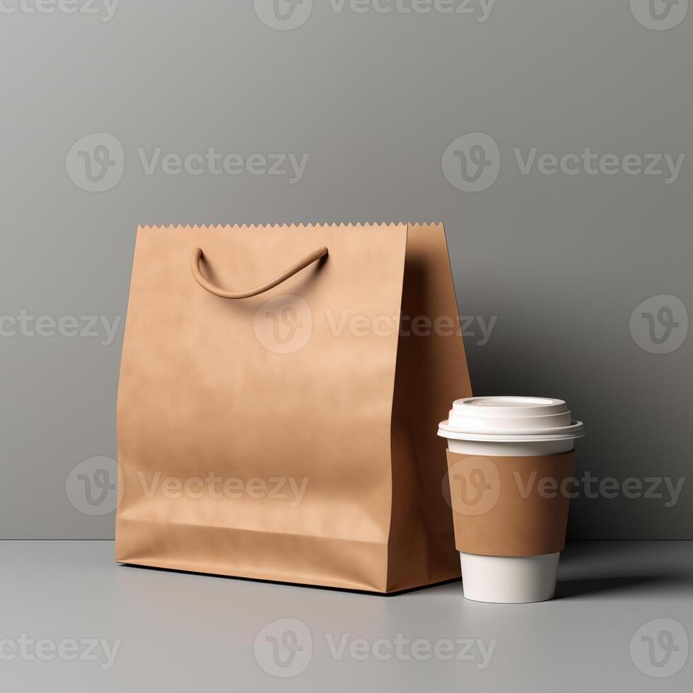 AI generated paper bag and cup of coffee package product mockup photography, Ai genarated. template label. photo