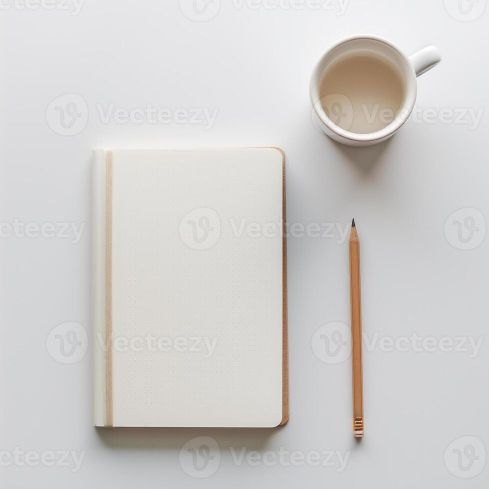 AI generated blank notebook and pencil on white background. Empty Space for your text. ai generated. photo