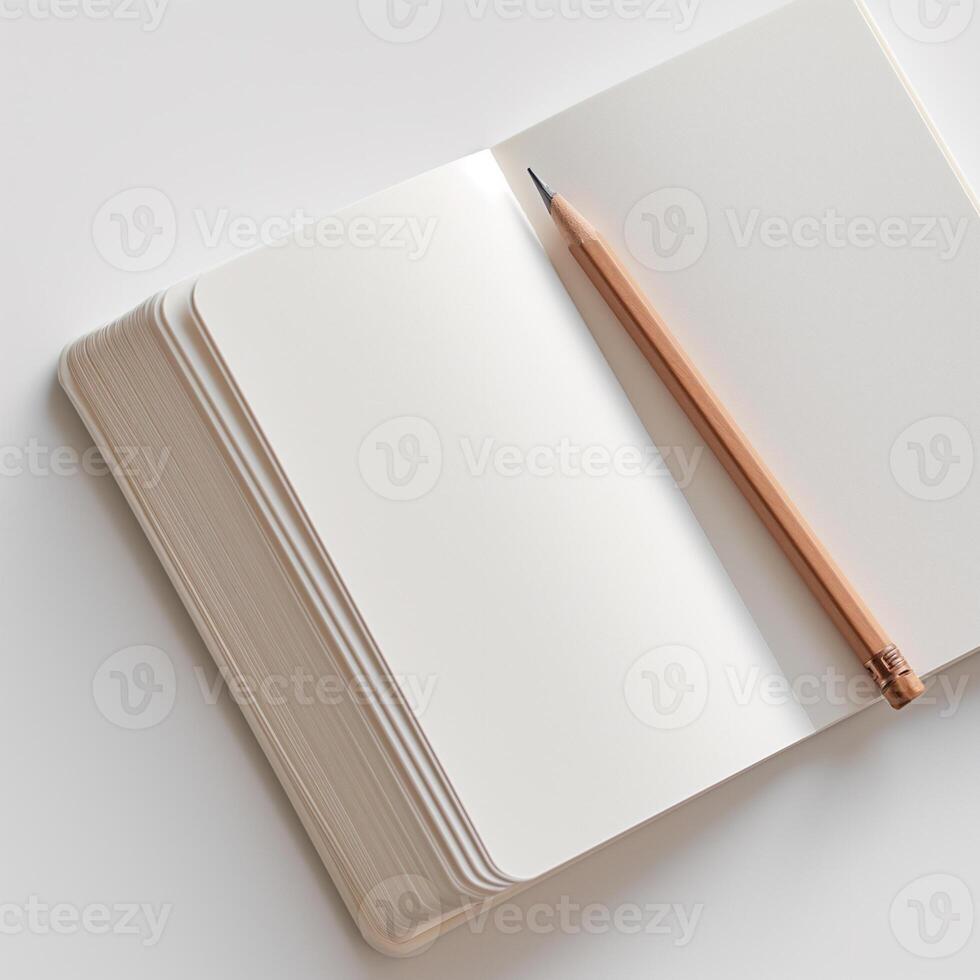 ai generado blanco cuaderno y lápiz en blanco antecedentes. vacío espacio para tu texto. ai generado. foto