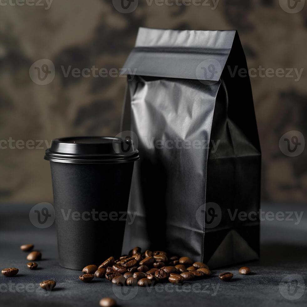 AI generated paper bag and cup of coffee package product mockup photography, Ai genarated. template label. photo