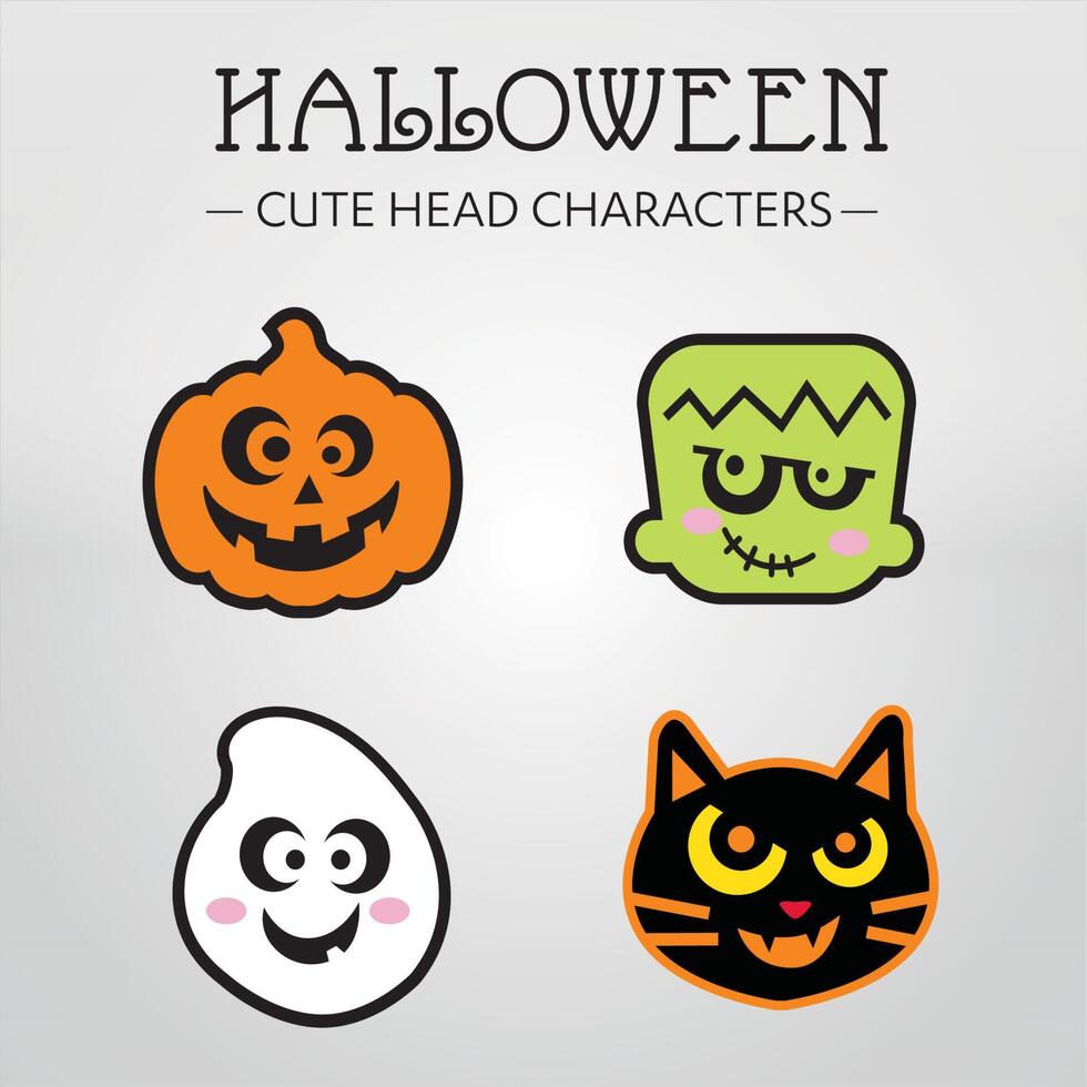 Halloween Cute Heads Character. Pumpkin, Ghost, Cat, and frankenstein - Halloween Vector Illustration