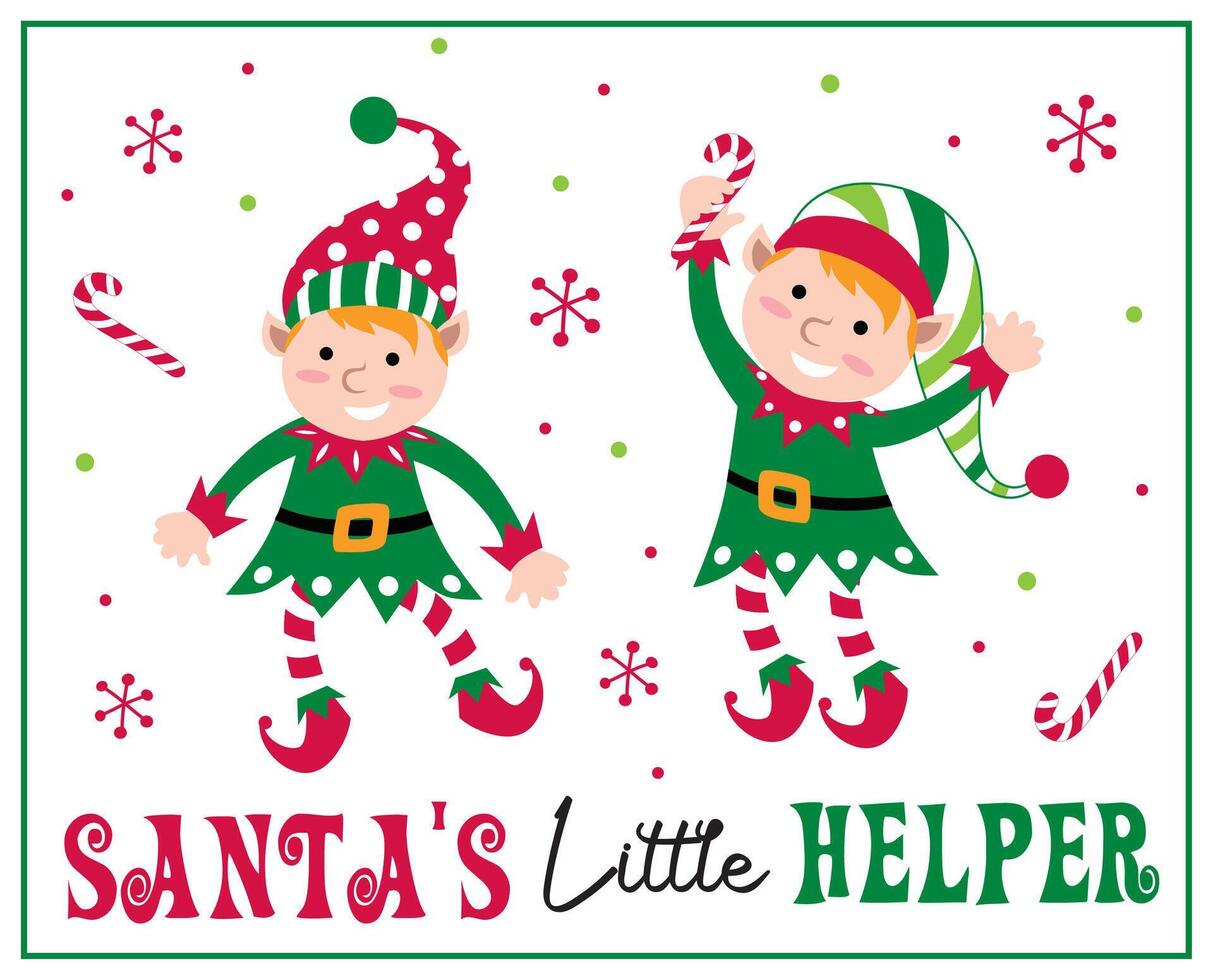 Christmas Funny Elves, Santa's Little Helper, Elves Isolated with Candy Cane- Christmas Vector Illustration