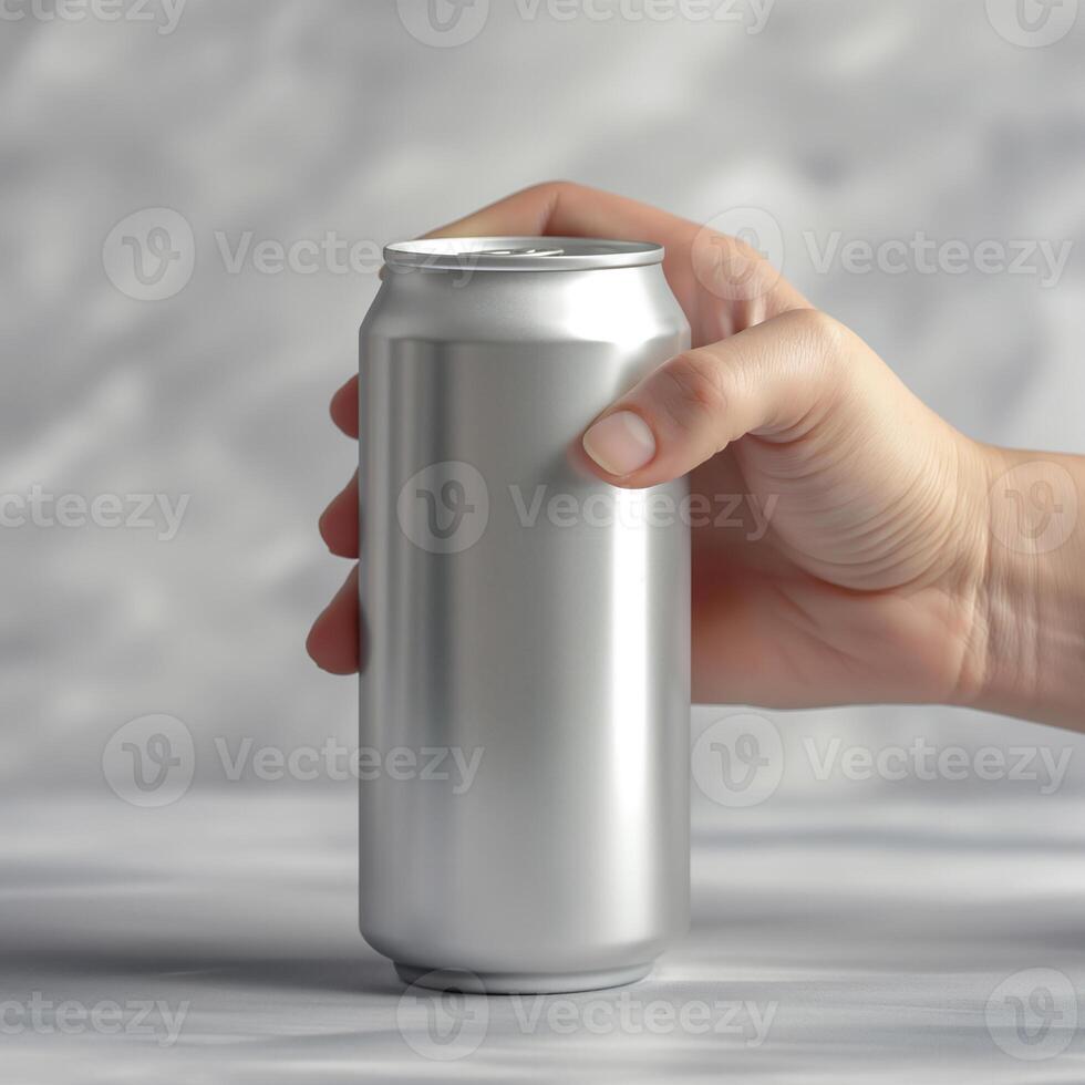 AI generated product mockup hand holding a soda can photography. Ai genarated. template label. photo
