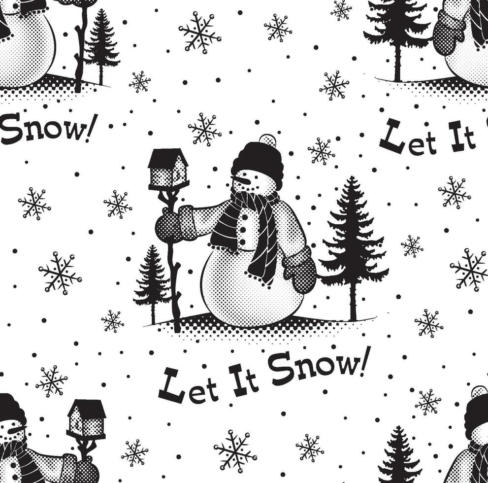 Seamless Pattern of Christmas Snowman Black and white with Let it Snow Wordings and Snowflakes- Christmas Black and white Vector Illustration