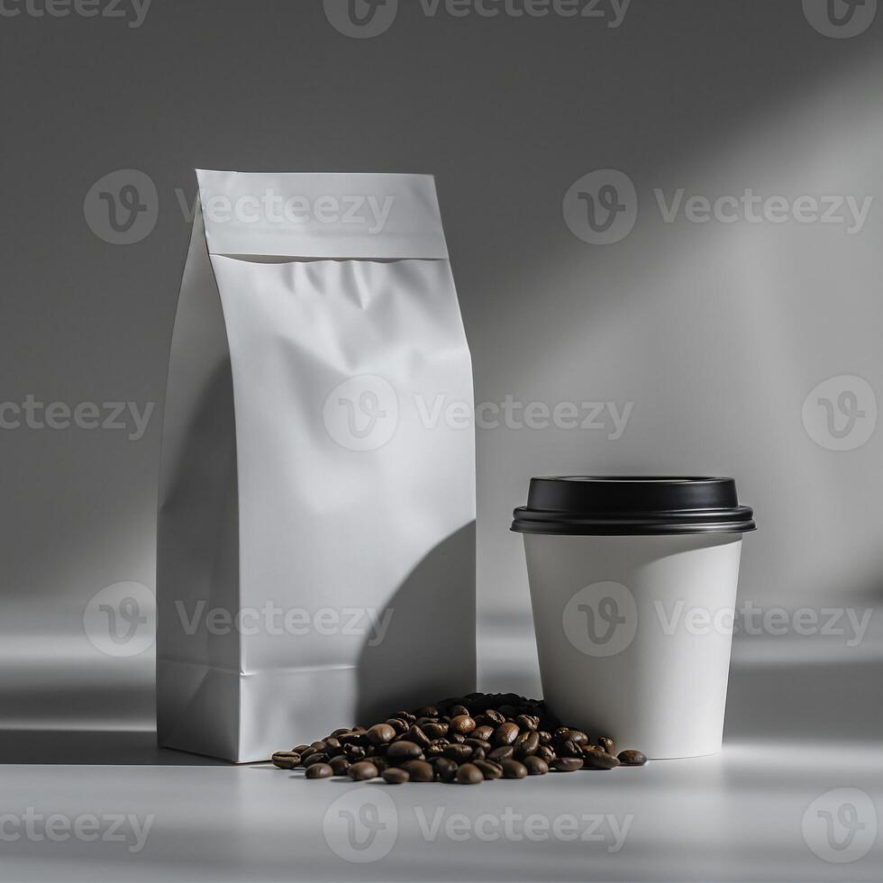 ai generado papel bolso y taza de café paquete producto Bosquejo fotografía, ai generado. modelo etiqueta. foto