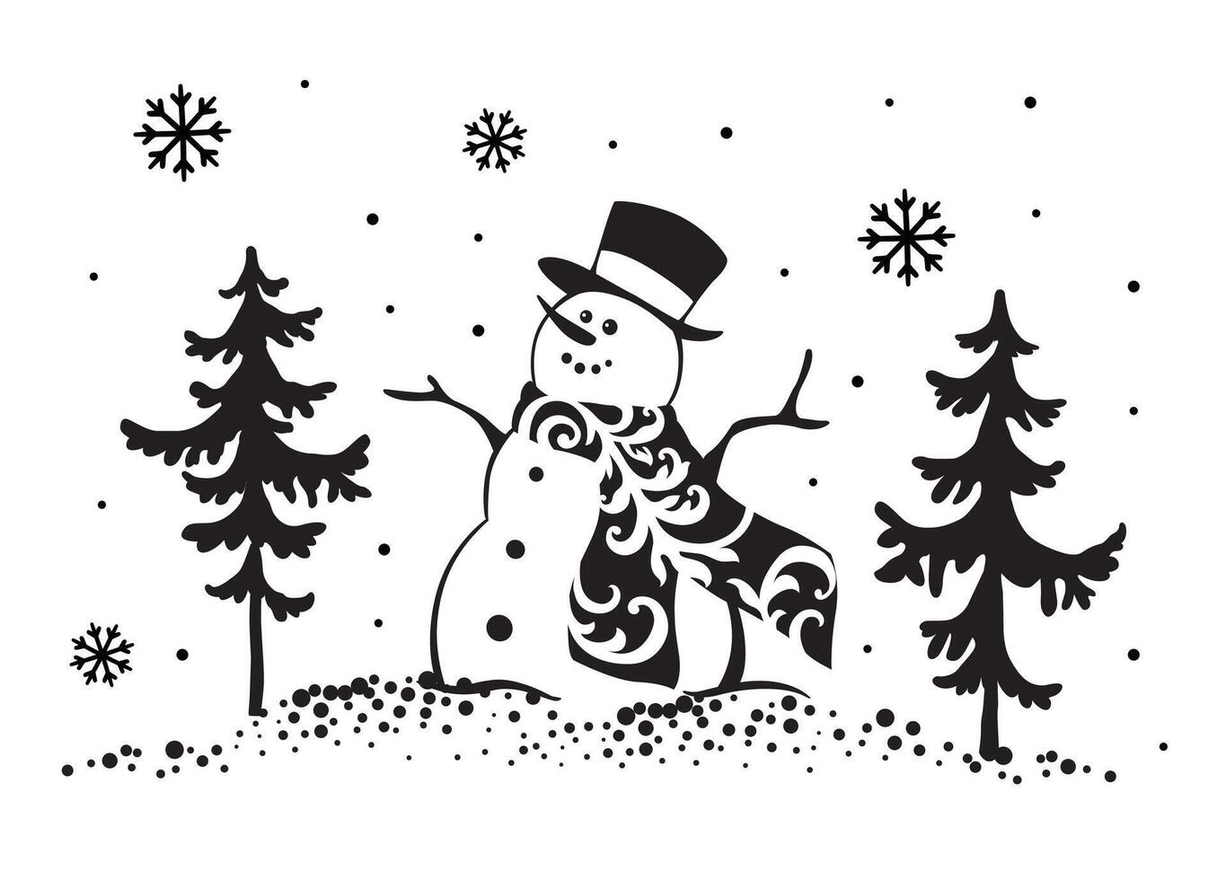 Navidad monigote de nieve negro y blanco con copos de nieve y pino árbol- Navidad negro y blanco ilustración vector