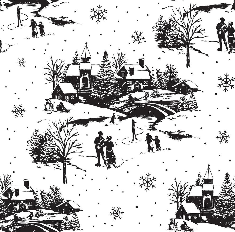 PrSeamless Pattern of Christmas Snowy Scene with Merry Christmas Wordings- Christmas Black and White Vector Illustration