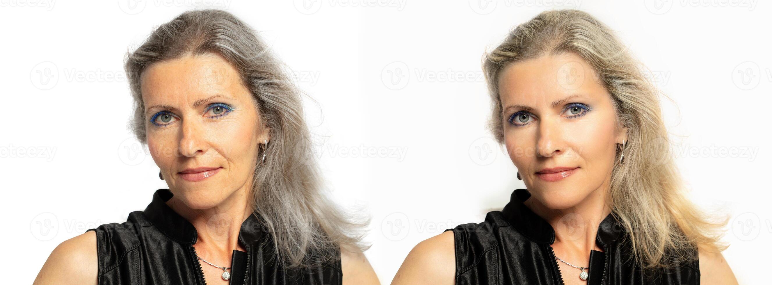 de cerca antes de y después retrato de un belleza de edad mediana mujer rostro. antes de y después spa concepto en contra arrugas y envejecimiento de hembra cuerpo partes. foto