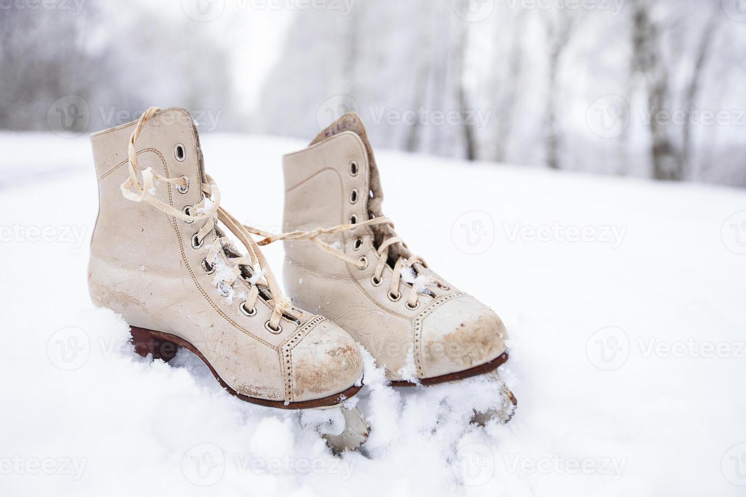 Old tattered skates against the backdrop of snowy nature. Winter background. photo