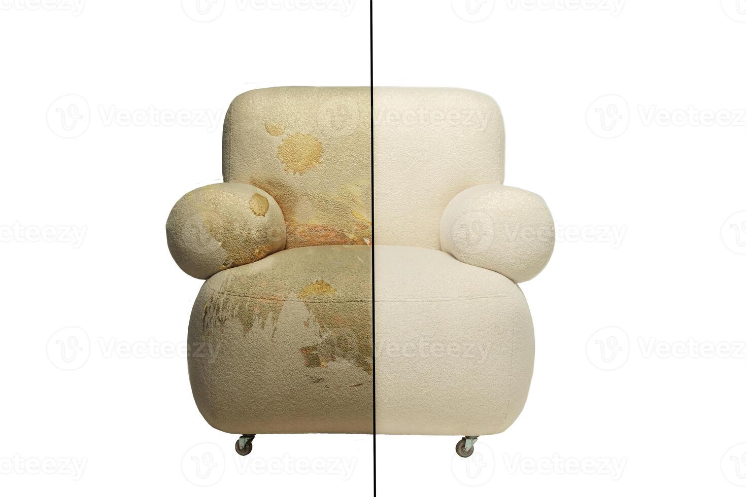 Upholstered furniture chair before and after dry cleaning on a white background. photo