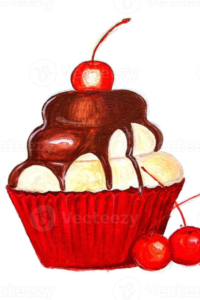 Drawing of a cake with cream poured with chocolate glaze and decorated with a cherry on a white background. photo