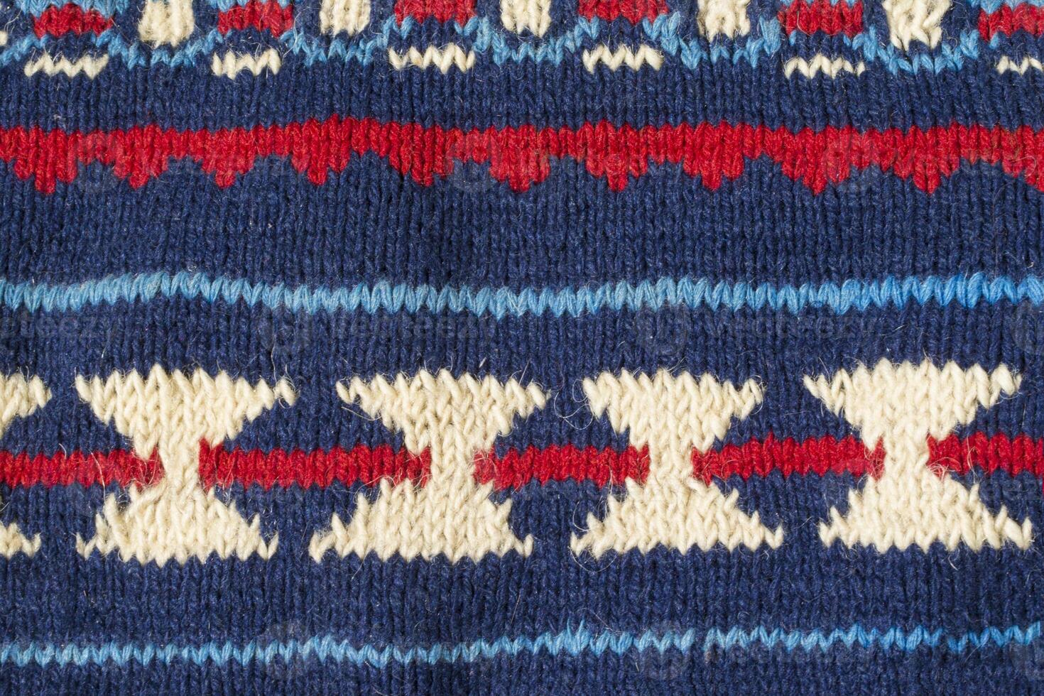 Knitted texture with blue pattern close up photo