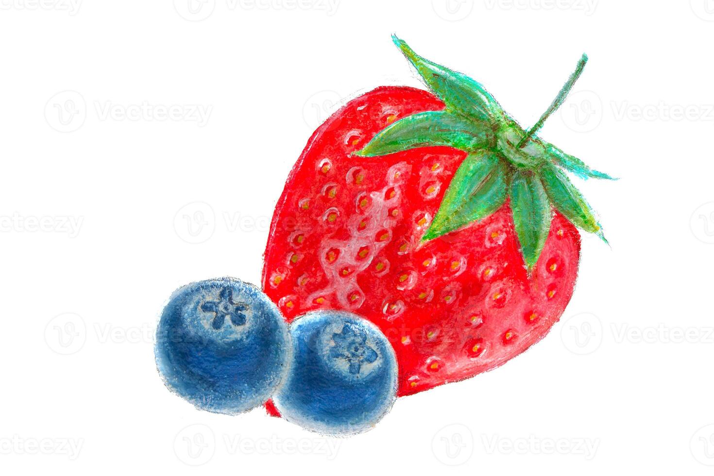 Drawing of large strawberries and blueberries on a white background. photo