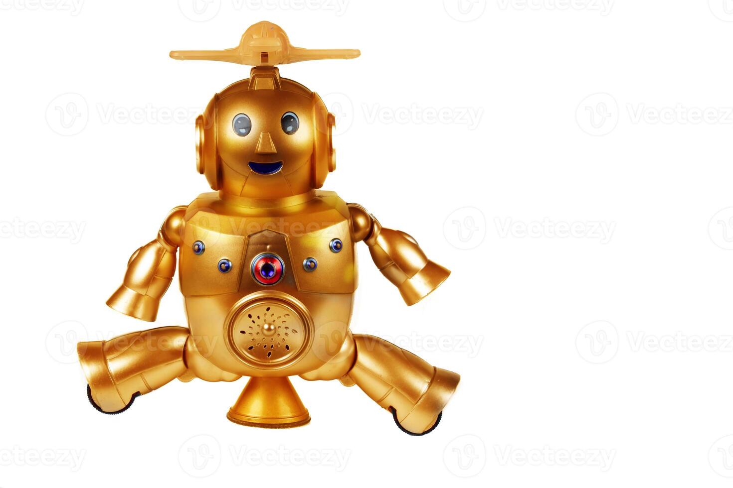 Golden toy robot isolated on white background. Dear vintage robot. Robotics. photo