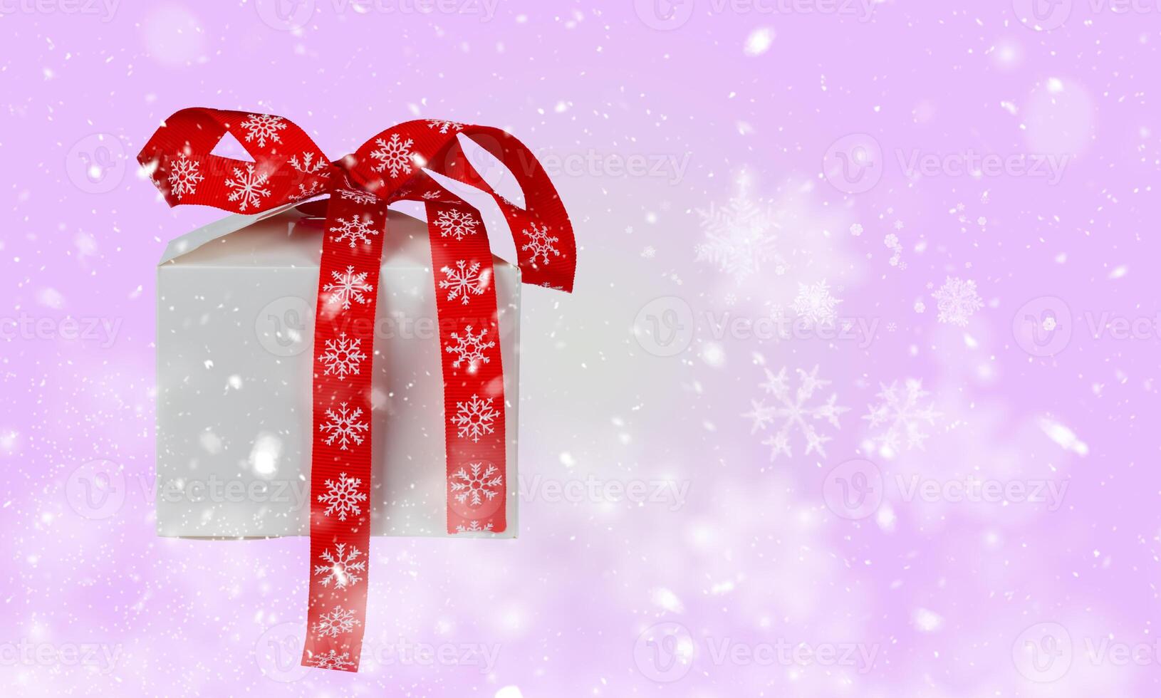 Gift box with red Christmas bow on generic snowy background. Gift, discount photo