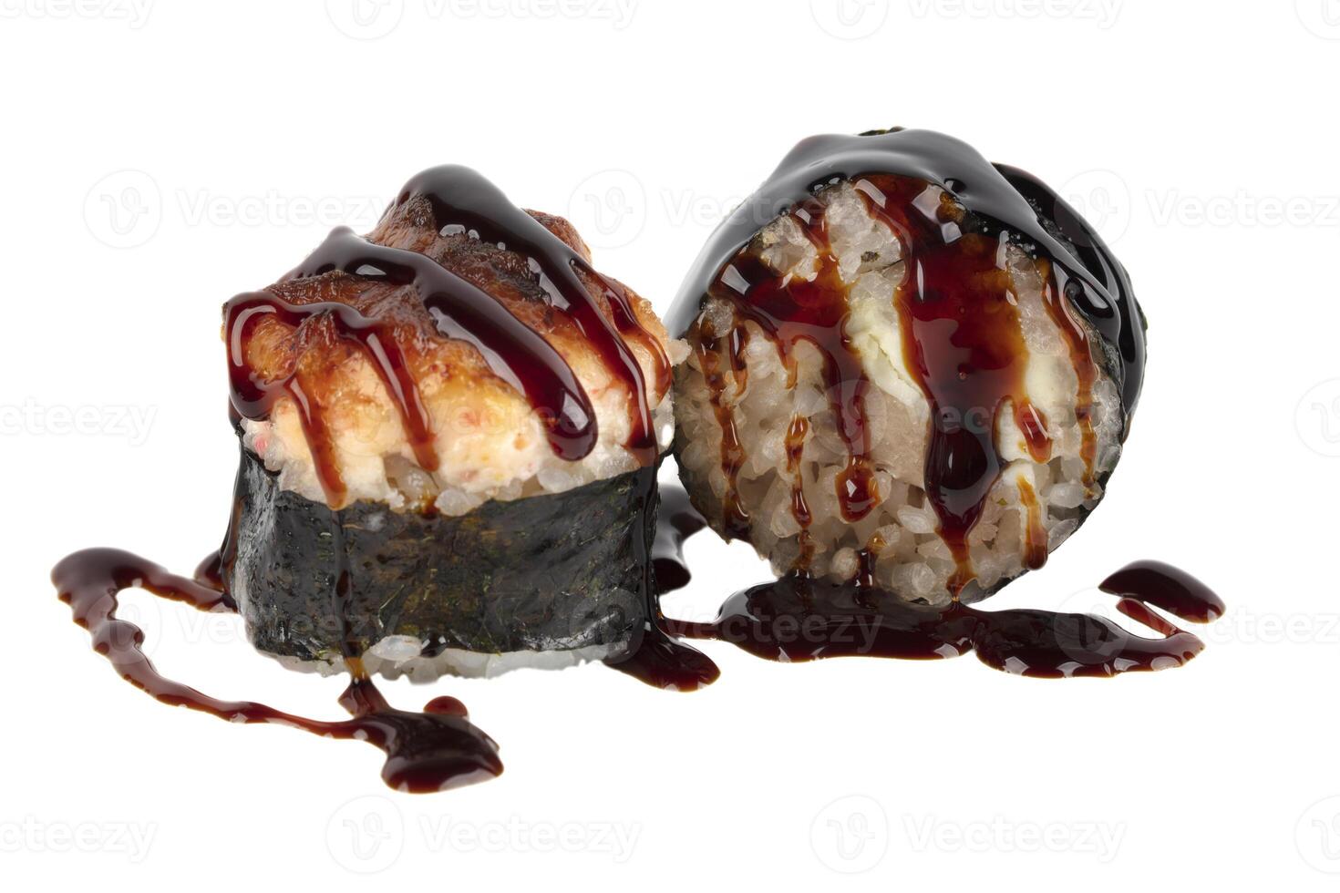 Sushi isolated on white background. Baked sushi with soy sauce photo