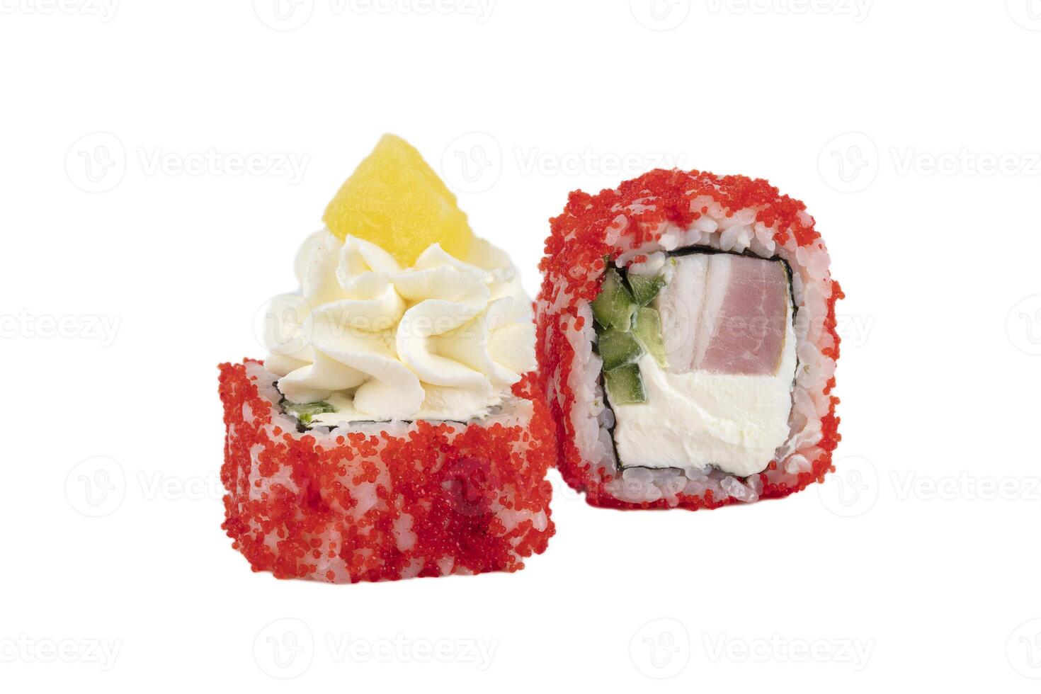 Cheap version of sushi rolls on a white background. Japanese food made from rice and artificial red caviar, eel and Philadelphia cheese. photo