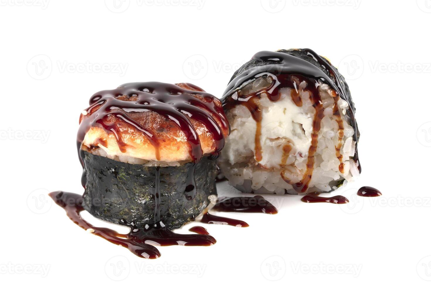 Sushi isolated on white background. Baked sushi with soy sauce photo