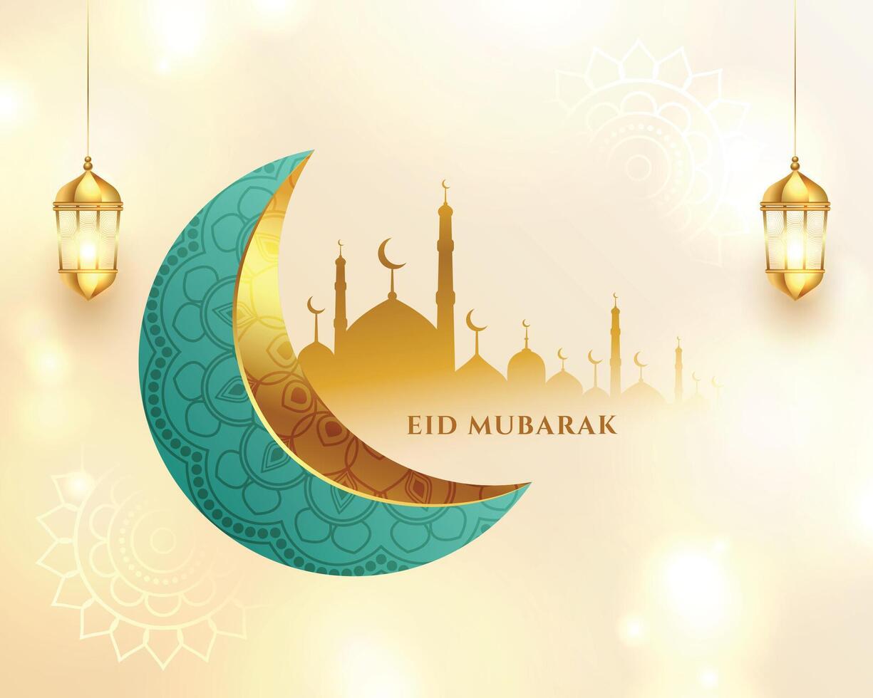 hermosa eid Mubarak brillante antecedentes con realista Luna y mezquita vector
