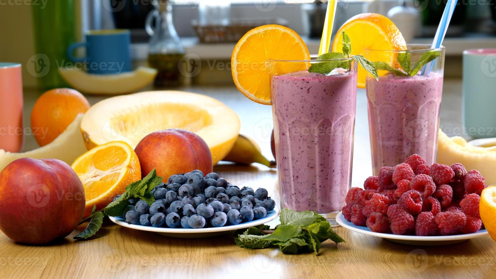 Raspberry Blueberry Melon Smoothie into a glasses on the background of fresh fruits and berries. The fruit cocktail is ready to eat. Healthy and vegetarian food concept photo