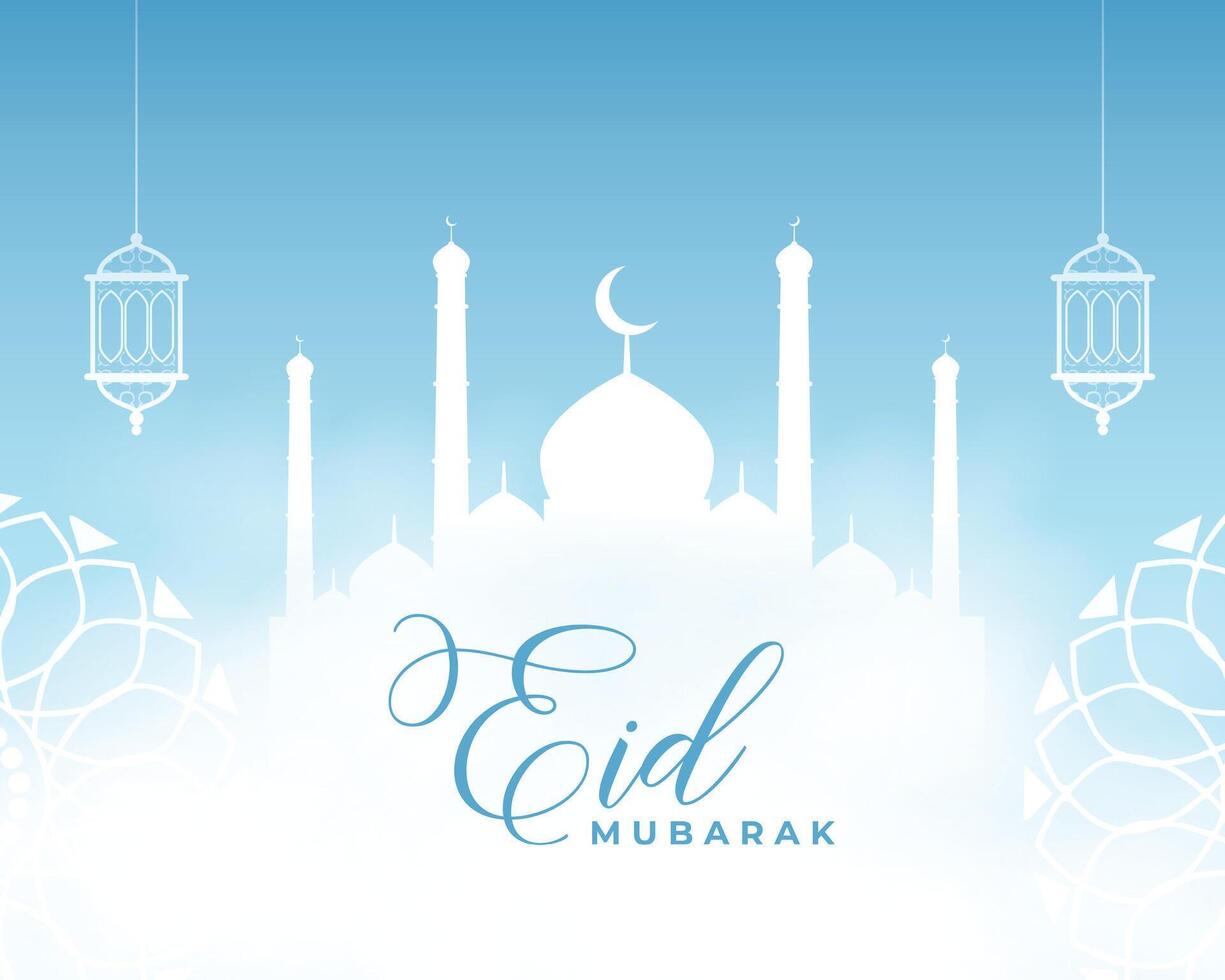 clean eid mubarak cultural background with mosque and lantern vector