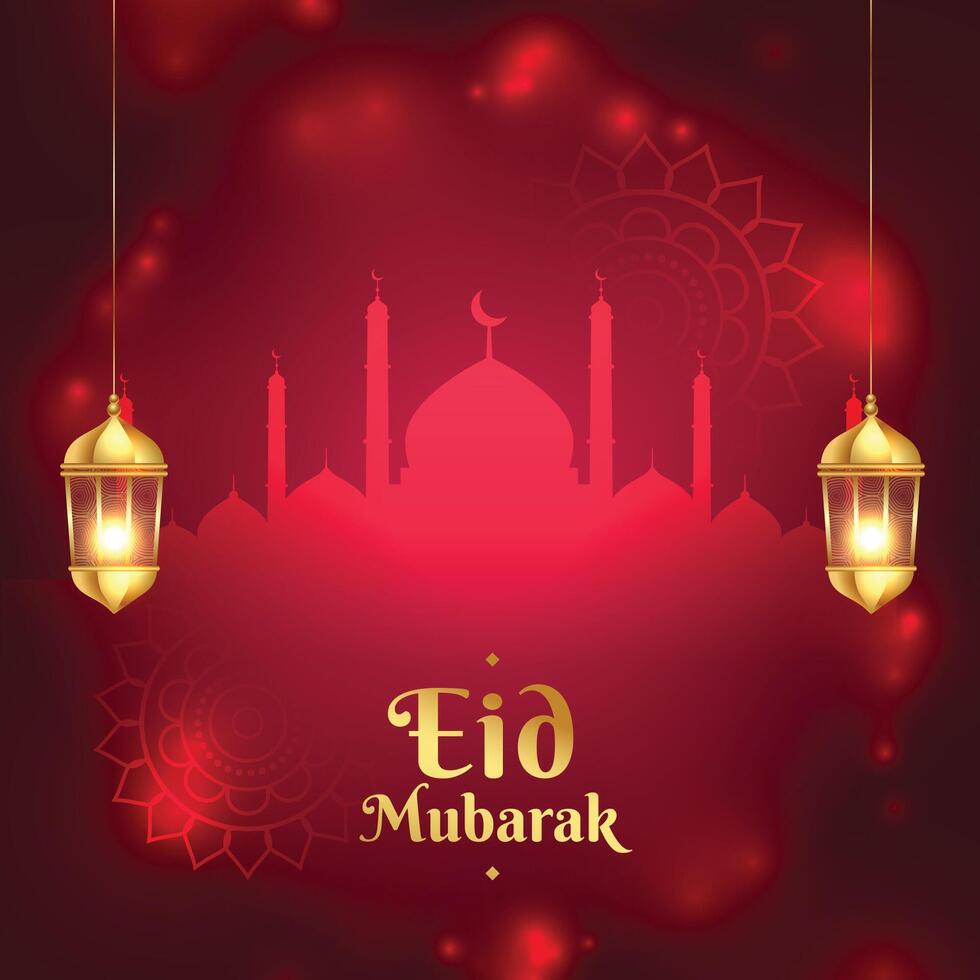 shiny eid mubarak greeting card with mosque and glowing lamp vector