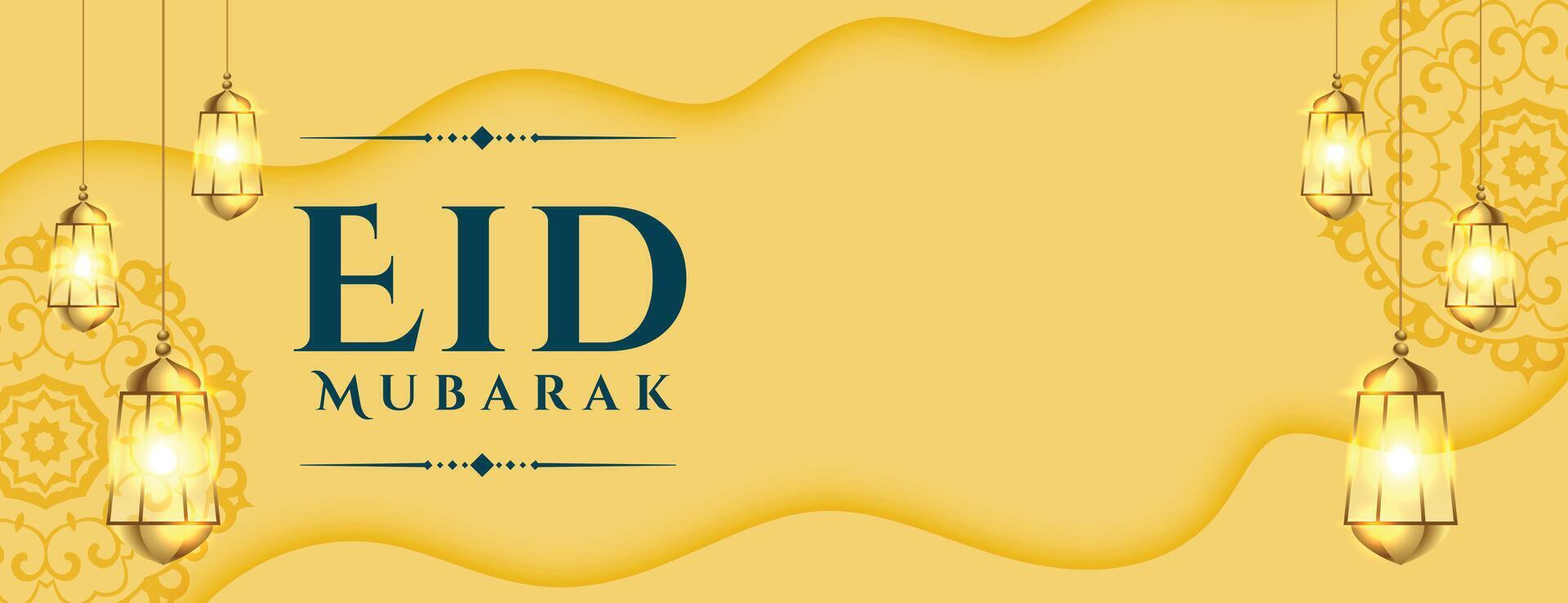 hermosa eid Mubarak tradicional bandera con realista brillante lámpara vector