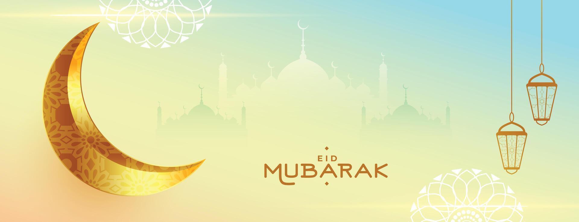 eid mubarak holy festival banner with realistic golden moon vector