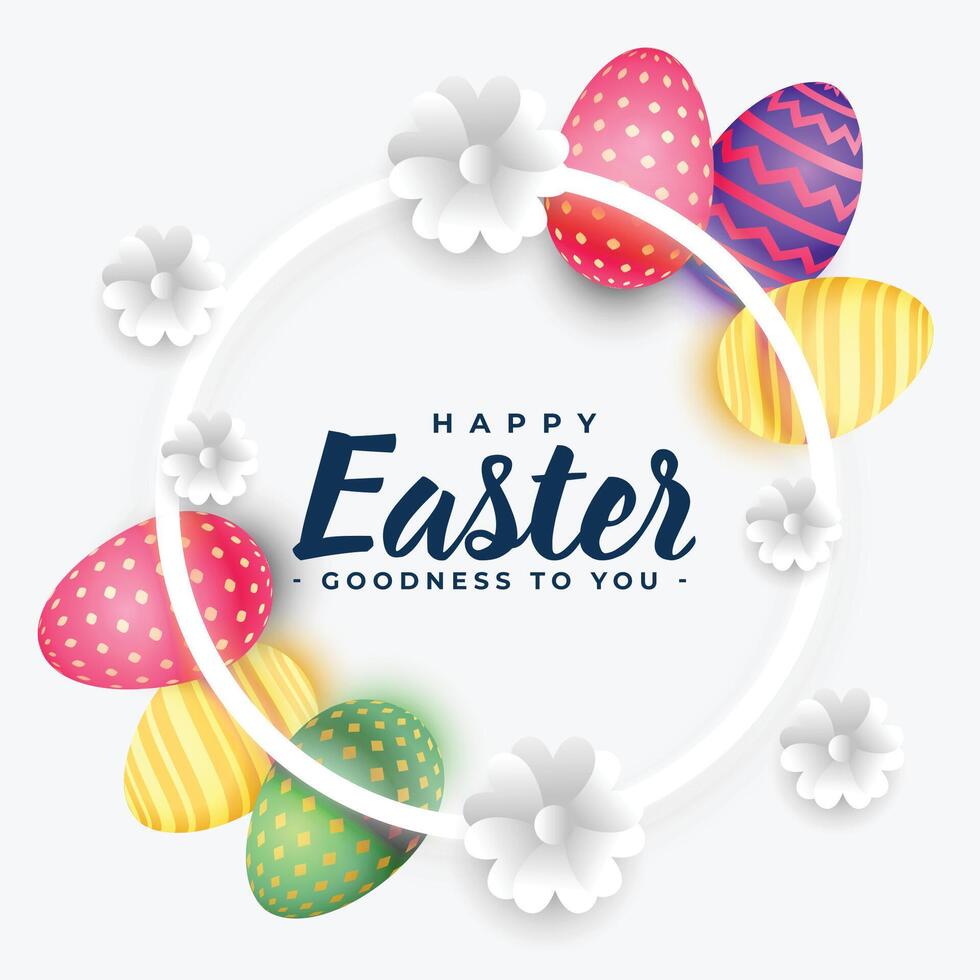 elegante contento Pascua de Resurrección fiesta tarjeta con 3d vistoso huevos y flores vector