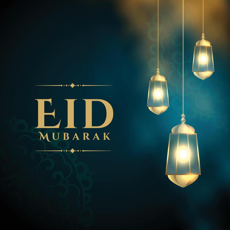 elegante eid Mubarak saludo tarjeta con colgando brillante linterna vector