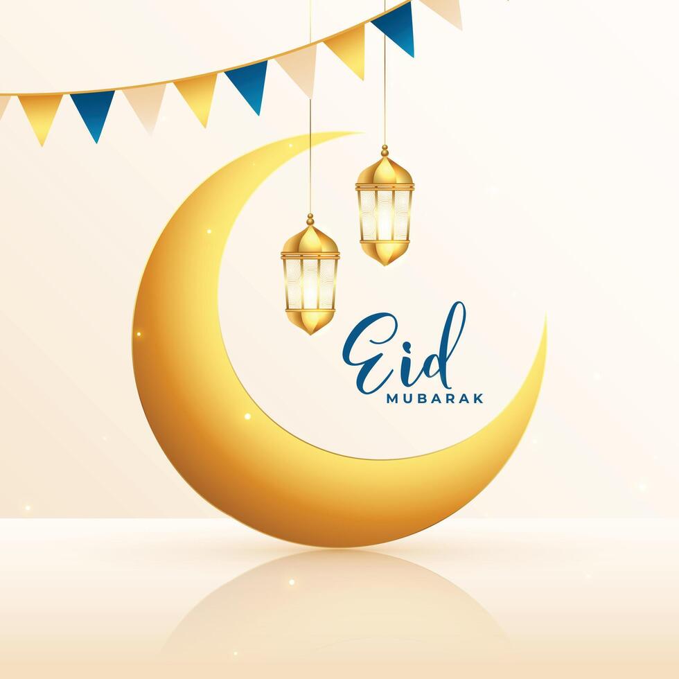traditional eid mubarak background with golden moon and lantern vector