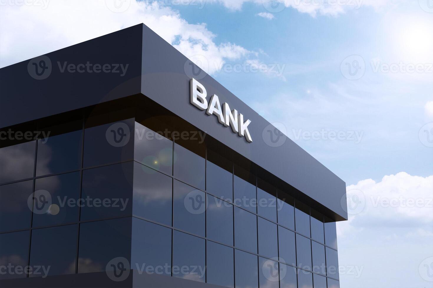 3d rendering Glass wall of a bank building against sky background photo