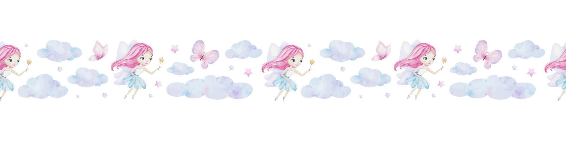 Cute little fairy with magic wand, stars, clouds and butterflies. Watercolor seamless border for children's goods, clothes, postcards, baby shower and nursery, fabric vector