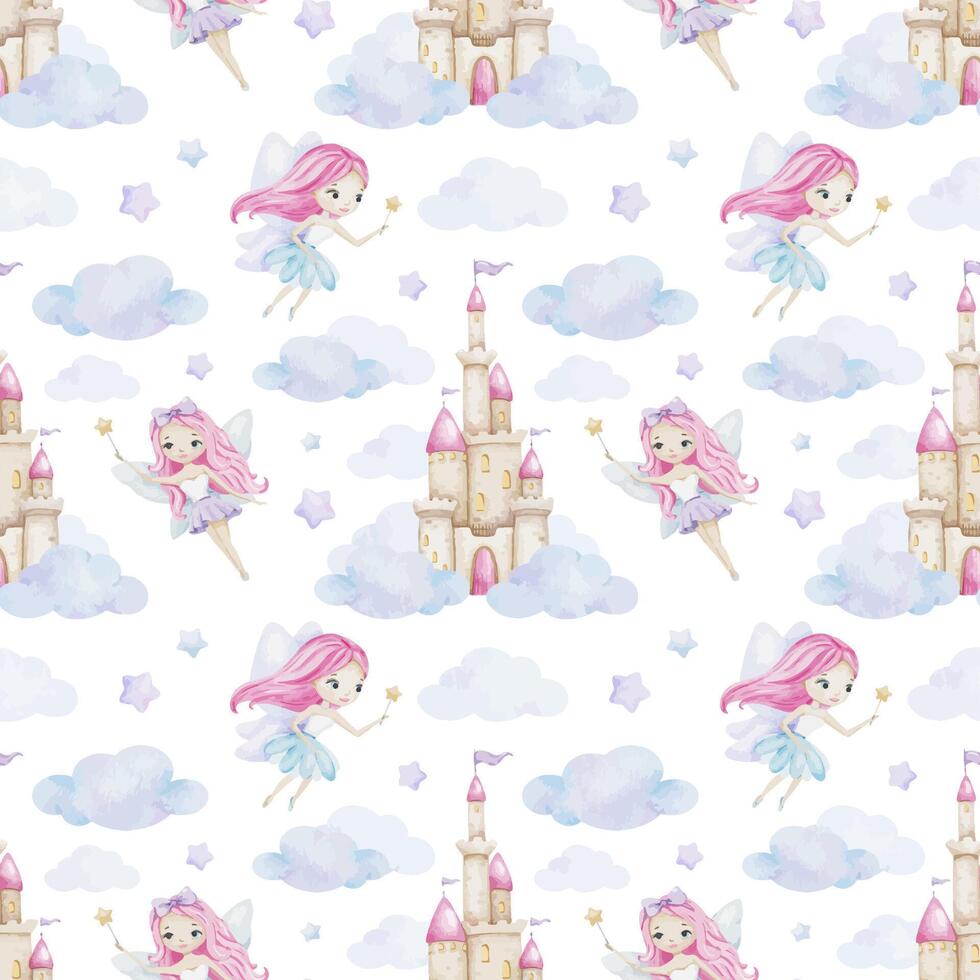 Cute little fairy, fairy tale castle, clouds and stars. Children's background. Watercolor baby seamless pattern for design kid's goods, postcards, baby shower and children's room vector