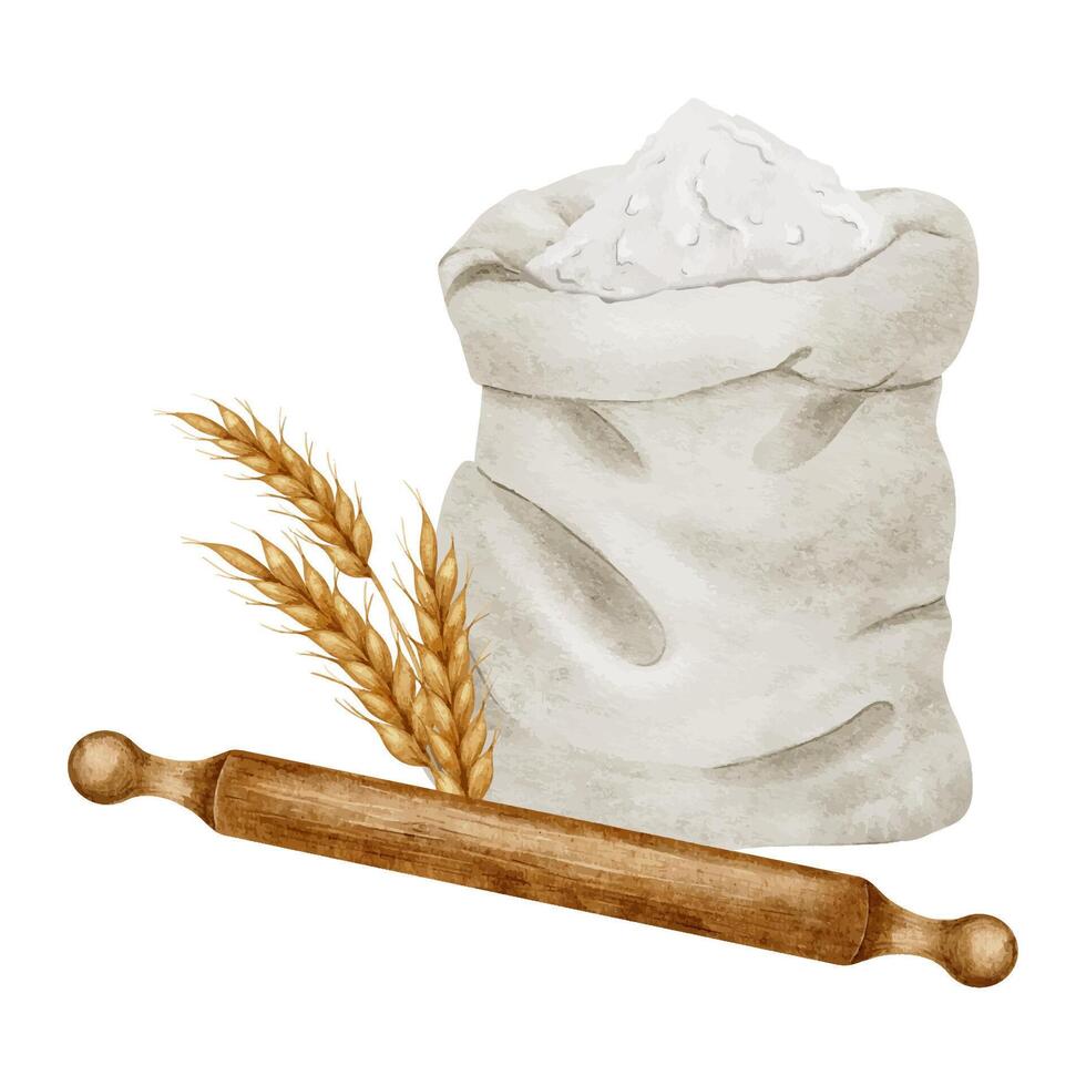Flour in canvas bag and bowl, Rolling pin, Ears of wheat. Isolated watercolor illustration of baking ingredients. Culinary clipart for recipe book, food blog, design of label,packaging of good, card vector