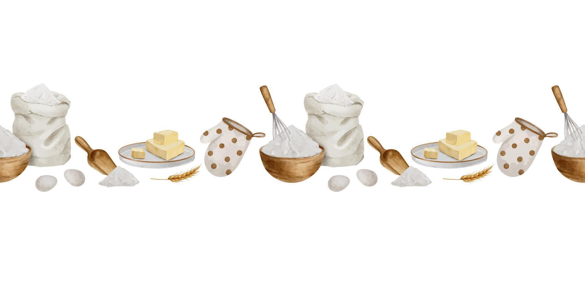 Flour in canvas bag and bowl, Whisk, Butter, kitchen gloves, scoop, egg, ears of wheat. Watercolor seamless border. Baking ingredients. Banner for of label, packaging, card, for bakehouse, bakeshop. vector