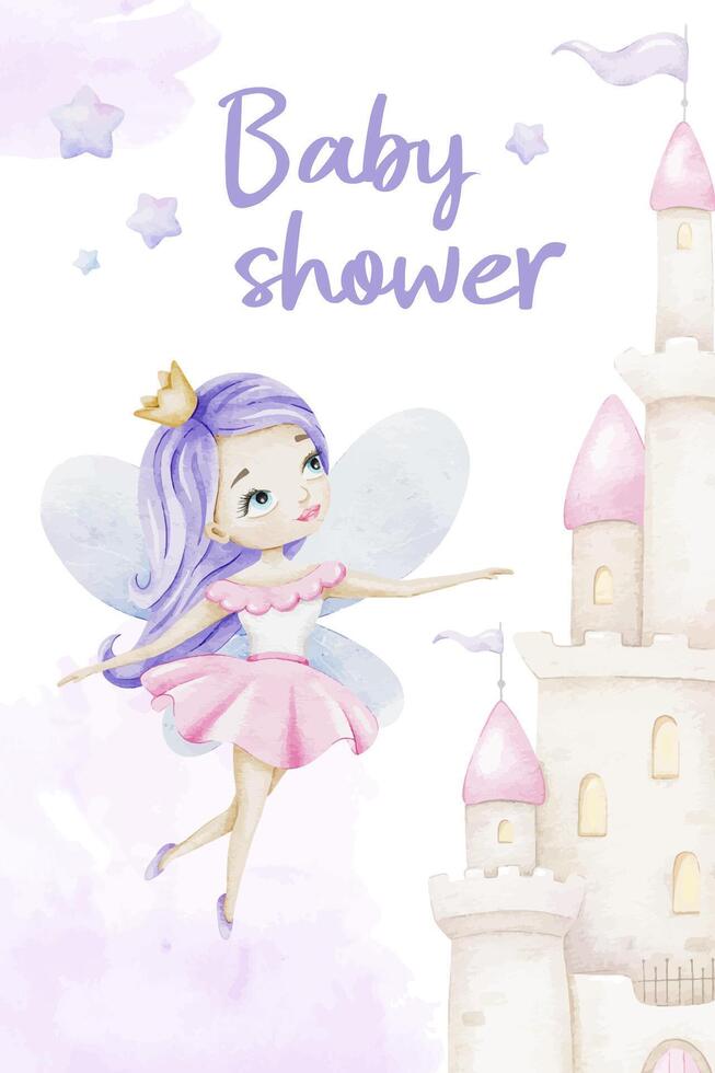 Little fairy with a magic wand, fairy tale castle and stars. Cute baby shower watercolor invitation card. New born celebration. Template of newborn's party invitation. vector