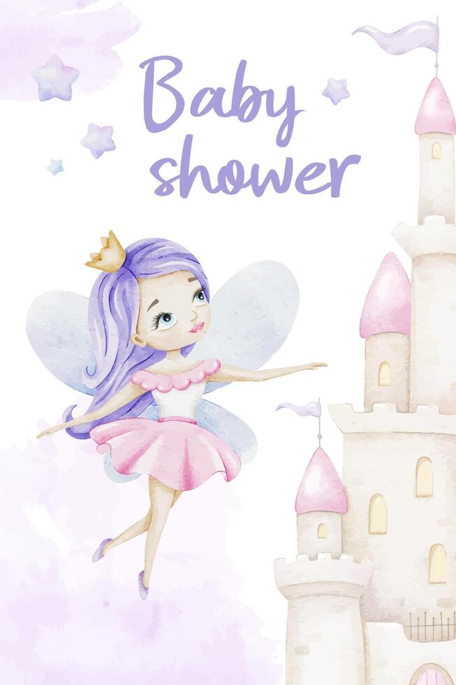 pequeño hada con un magia varita mágica, hada cuento castillo y estrellas. linda bebé ducha acuarela invitación tarjeta. nuevo nacido celebracion. modelo de recién nacido fiesta invitación. vector