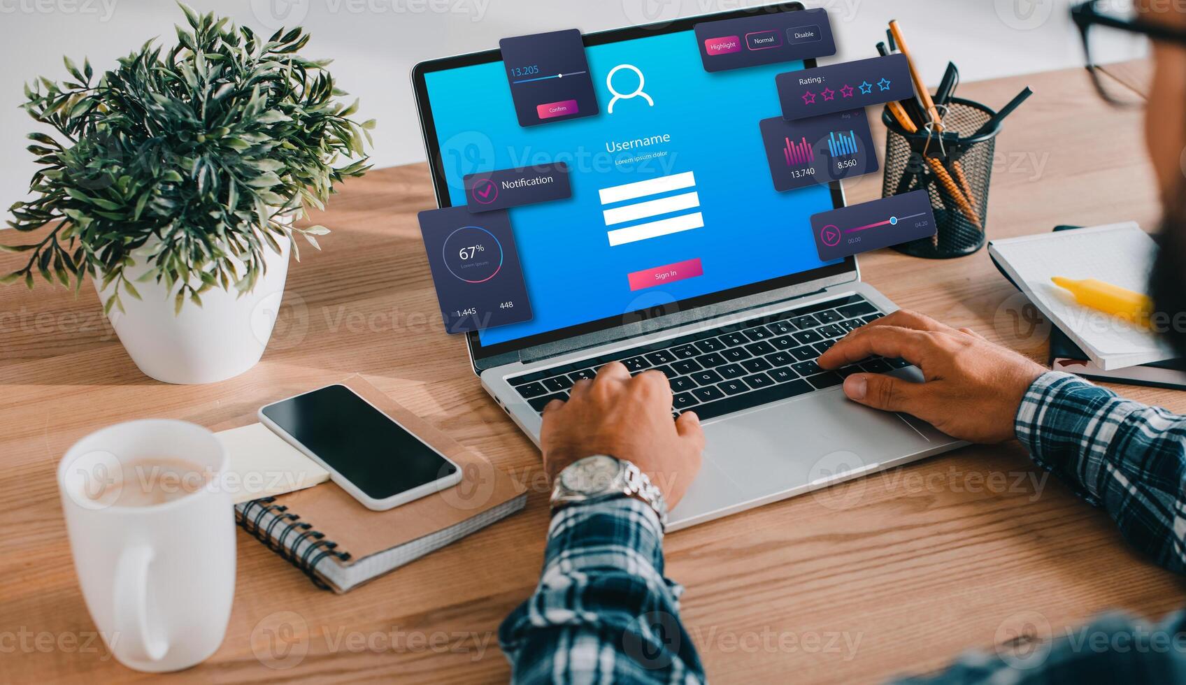 UX UI design process for modish mobile application and website . Creative prototype of wireframe for professional app developer . photo