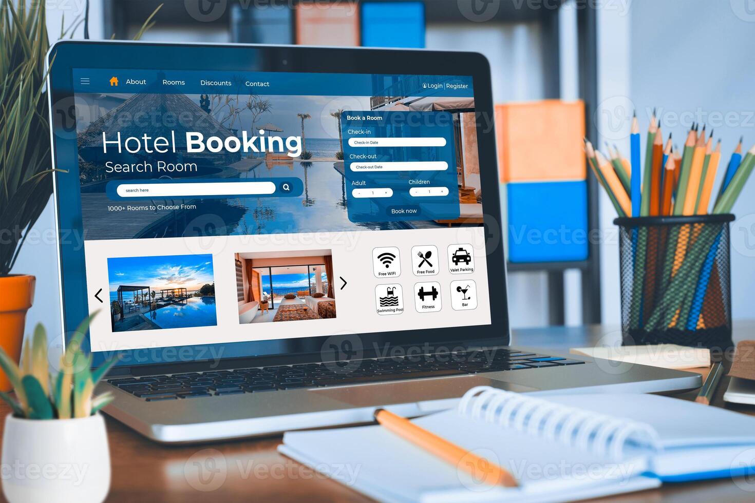 Online hotel accommodation booking website provide modish reservation system . Travel technology concept . photo