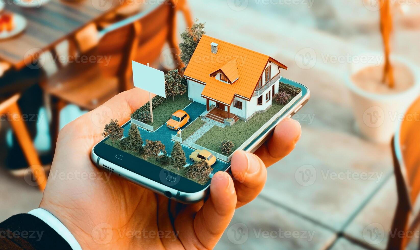 3D illustration of A futuristic architectural concept of a house projecting from a smartphone photo
